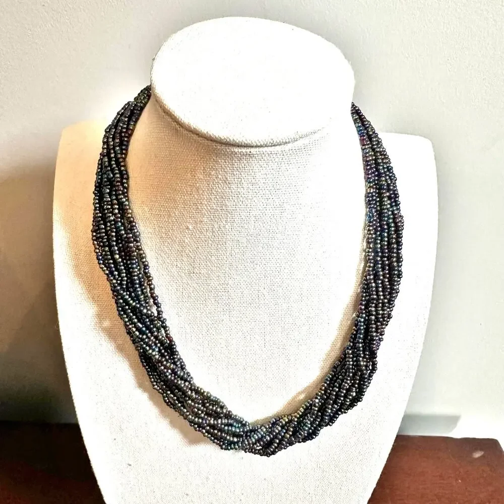 Seed Beaded Statement Necklace Iridescent Chunky Beads Multi Strand Layers
